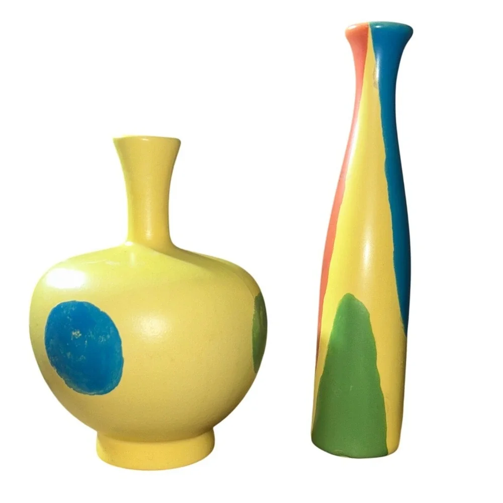 Hand Painted Ceramic Art Vases Set of‎ 2 Abstract Polka Dot Color Block Yellow